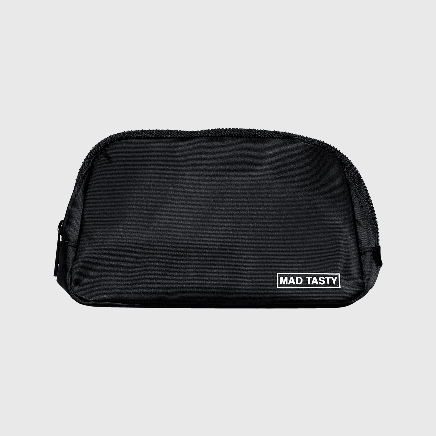 MAD TASTY custom black fanny pack with adjustable strap, zipper closer, outside and inside pockets. MAD TASTY logo on front and straps, with squiggles on inside liner.