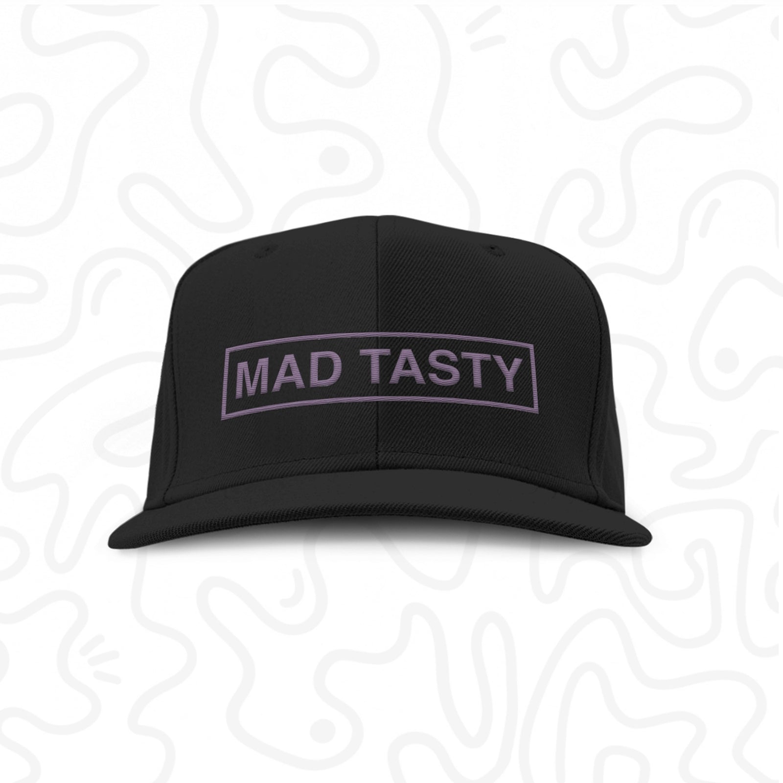 Baseball hat with MAD TASTY logo embroidered on front in grey.